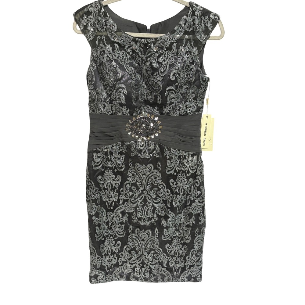 New Elegant Grey Silver Lace Overlay Embellished Cocktail Formal Dress Sz M Glam